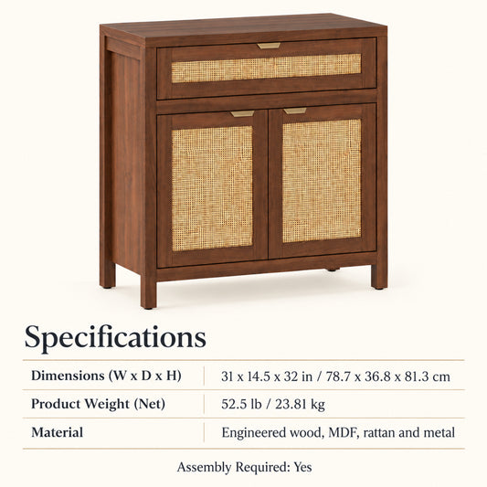 31-Inch Storage Cabinet with Rattan Doors and Drawer, Brown