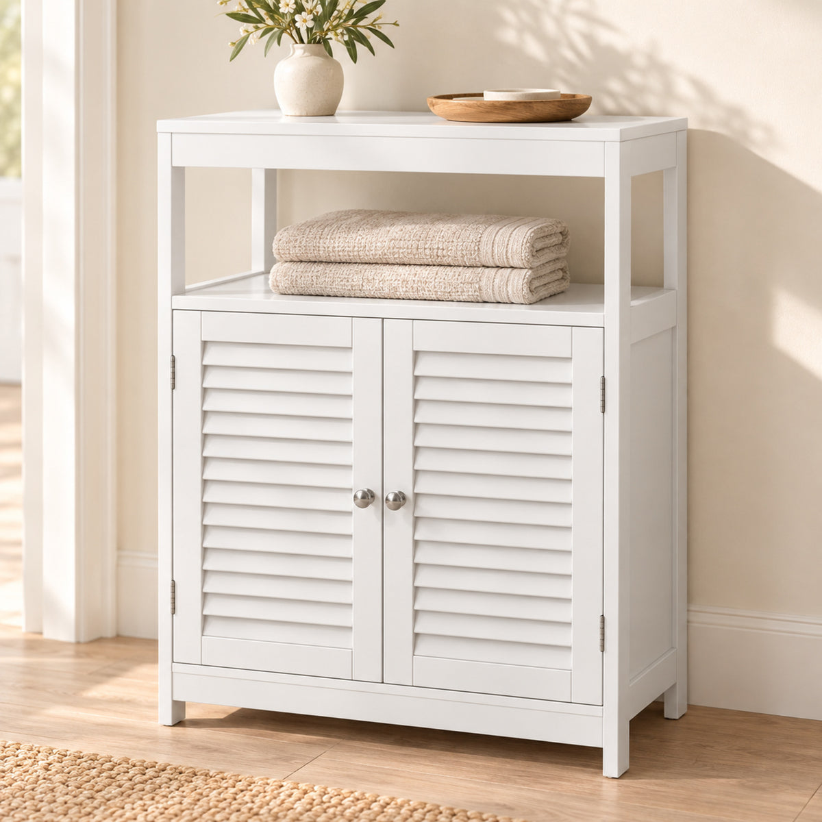 23.5-Inch Storage Cabinet with Shutter Doors and Open Shelf, White
