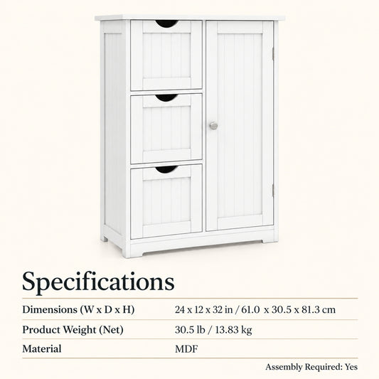 24-Inch Storage Cabinet with 3 Drawers and Cupboard, White
