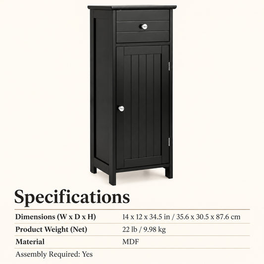 14-Inch Slim Storage Cabinet with Drawer and Door, Black