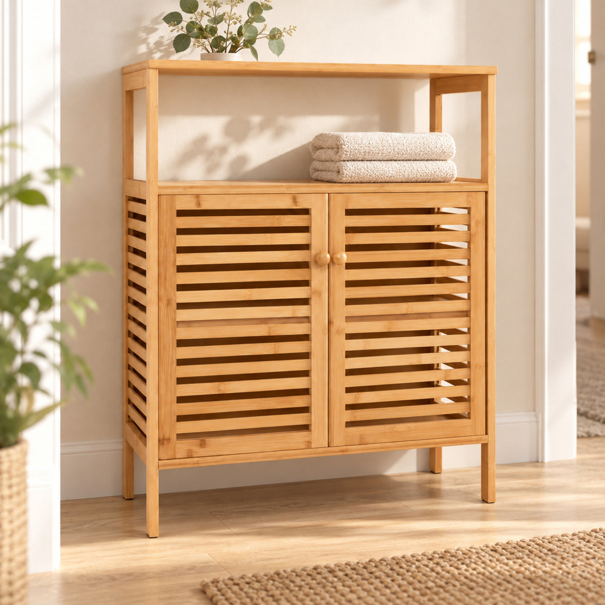 25-Inch Bamboo Storage Cabinet with Slatted Doors, Natural
