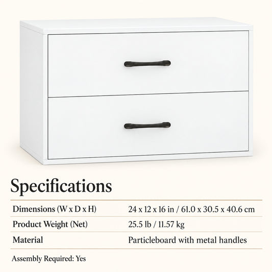 24-Inch Low Storage Cabinet with 2 Drawers, White
