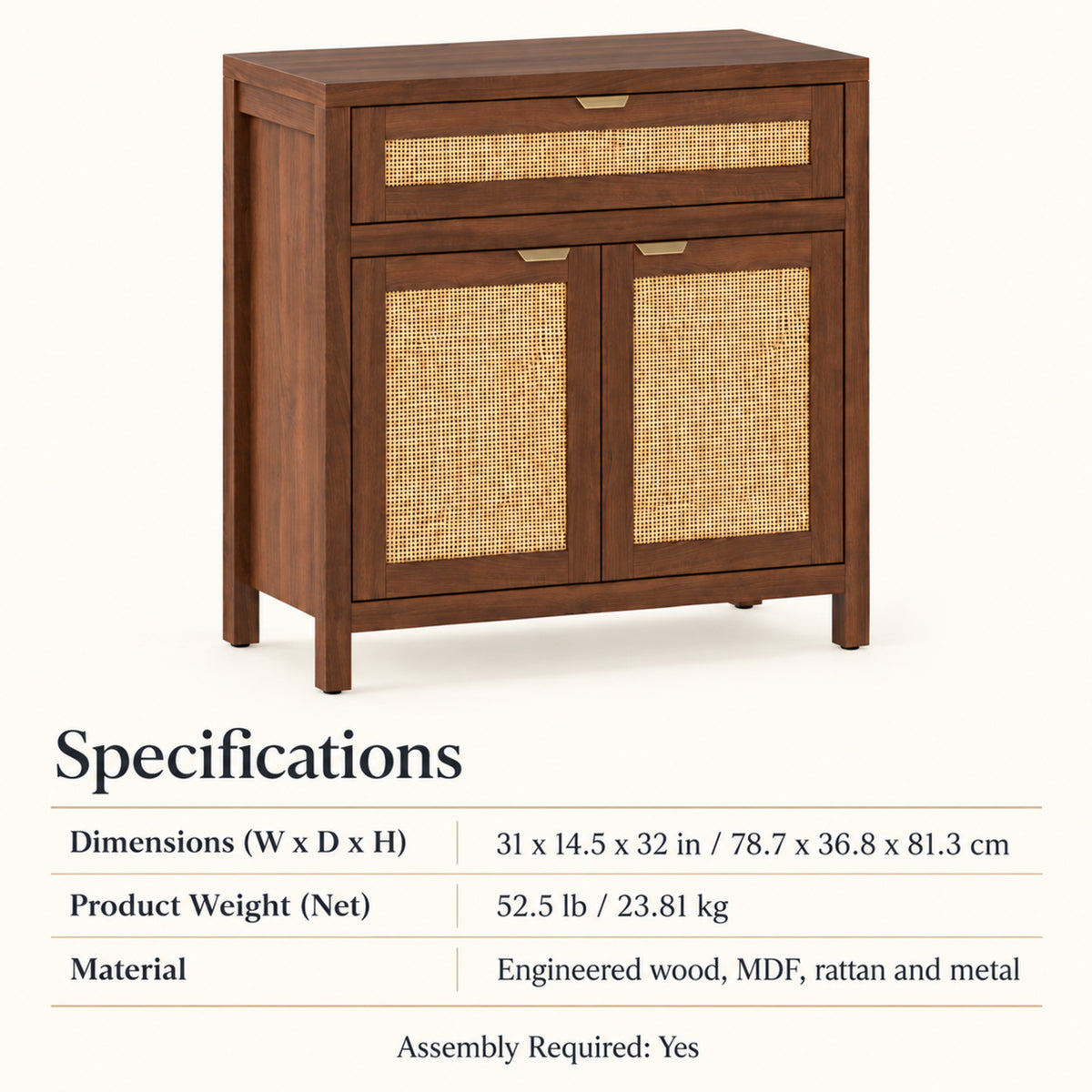 31-Inch Storage Cabinet with Rattan Doors and Drawer, Brown