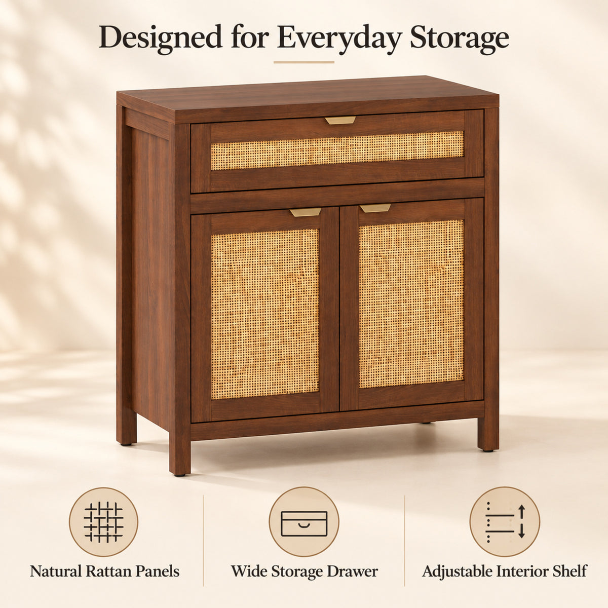 31-Inch Storage Cabinet with Rattan Doors and Drawer, Brown