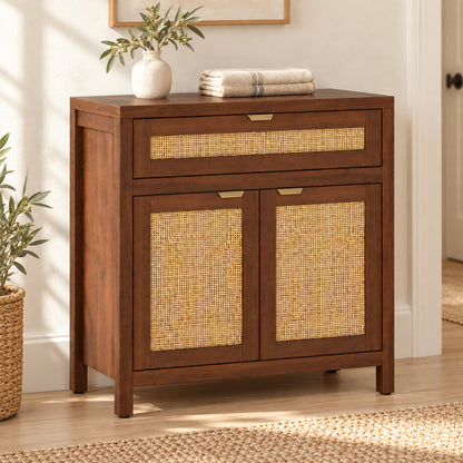 31-Inch Storage Cabinet with Rattan Doors and Drawer, Brown