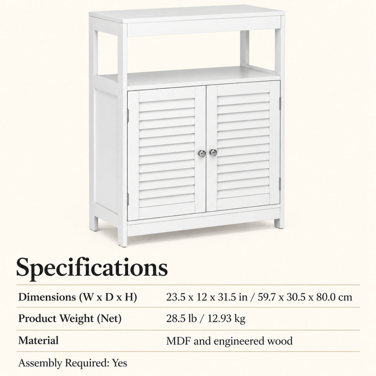 23.5-Inch Storage Cabinet with Shutter Doors and Open Shelf, White