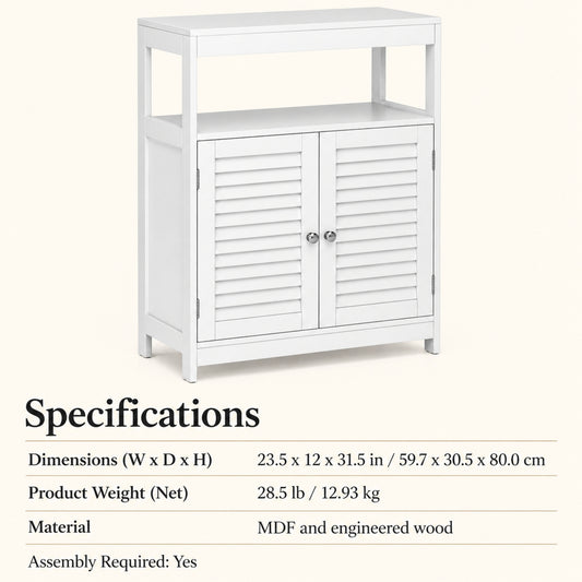 23.5-Inch Storage Cabinet with Shutter Doors and Open Shelf, White