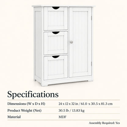 24-Inch Storage Cabinet with 3 Drawers and Cupboard, White