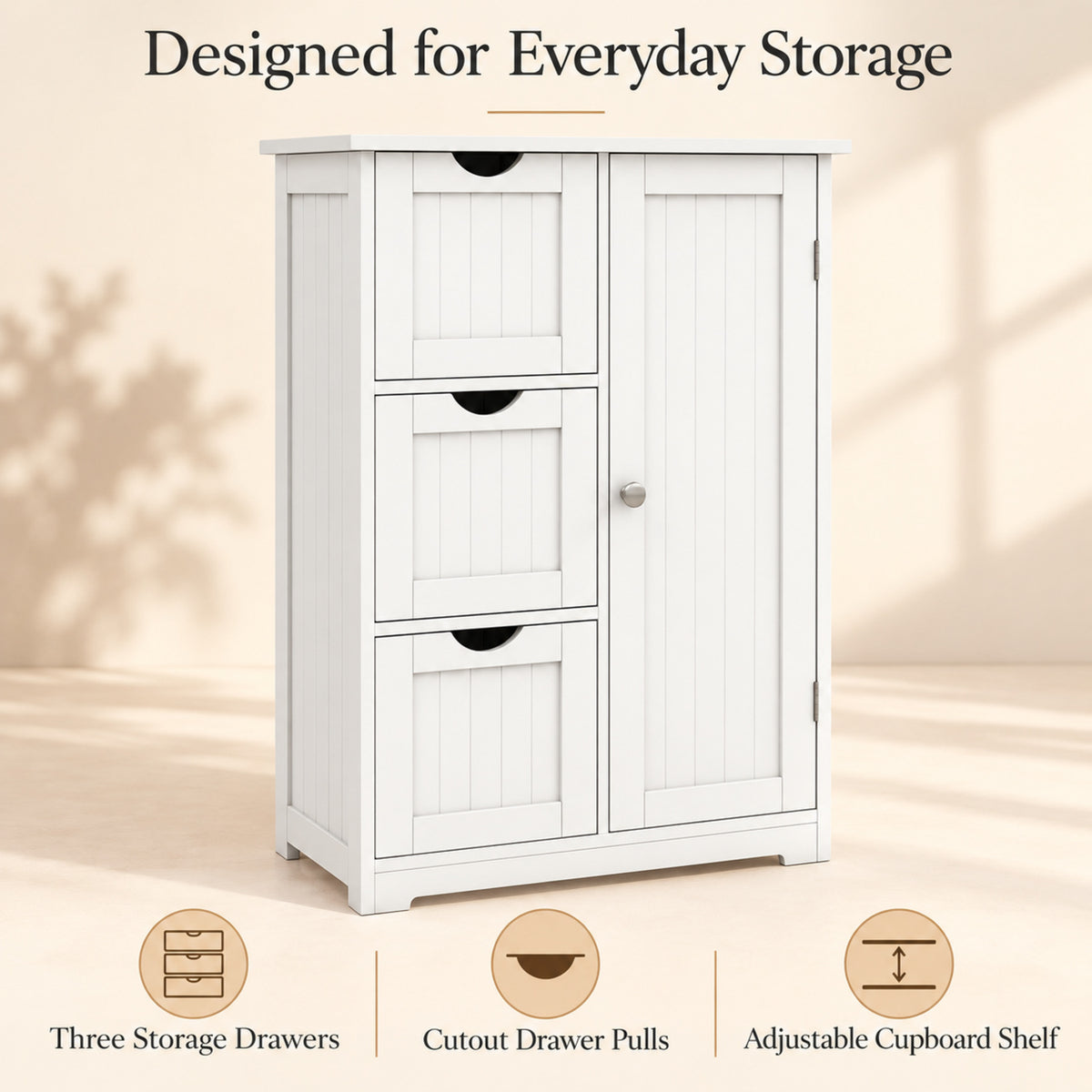 24-Inch Storage Cabinet with 3 Drawers and Cupboard, White