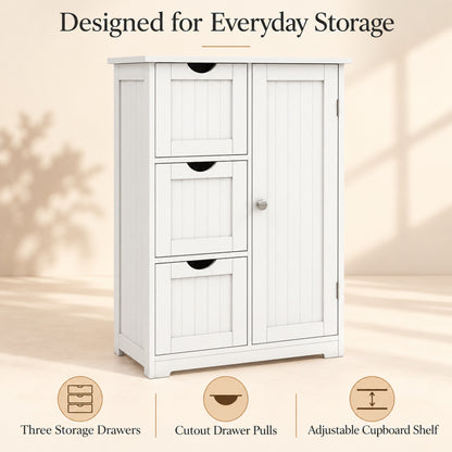 24-Inch Storage Cabinet with 3 Drawers and Cupboard, White