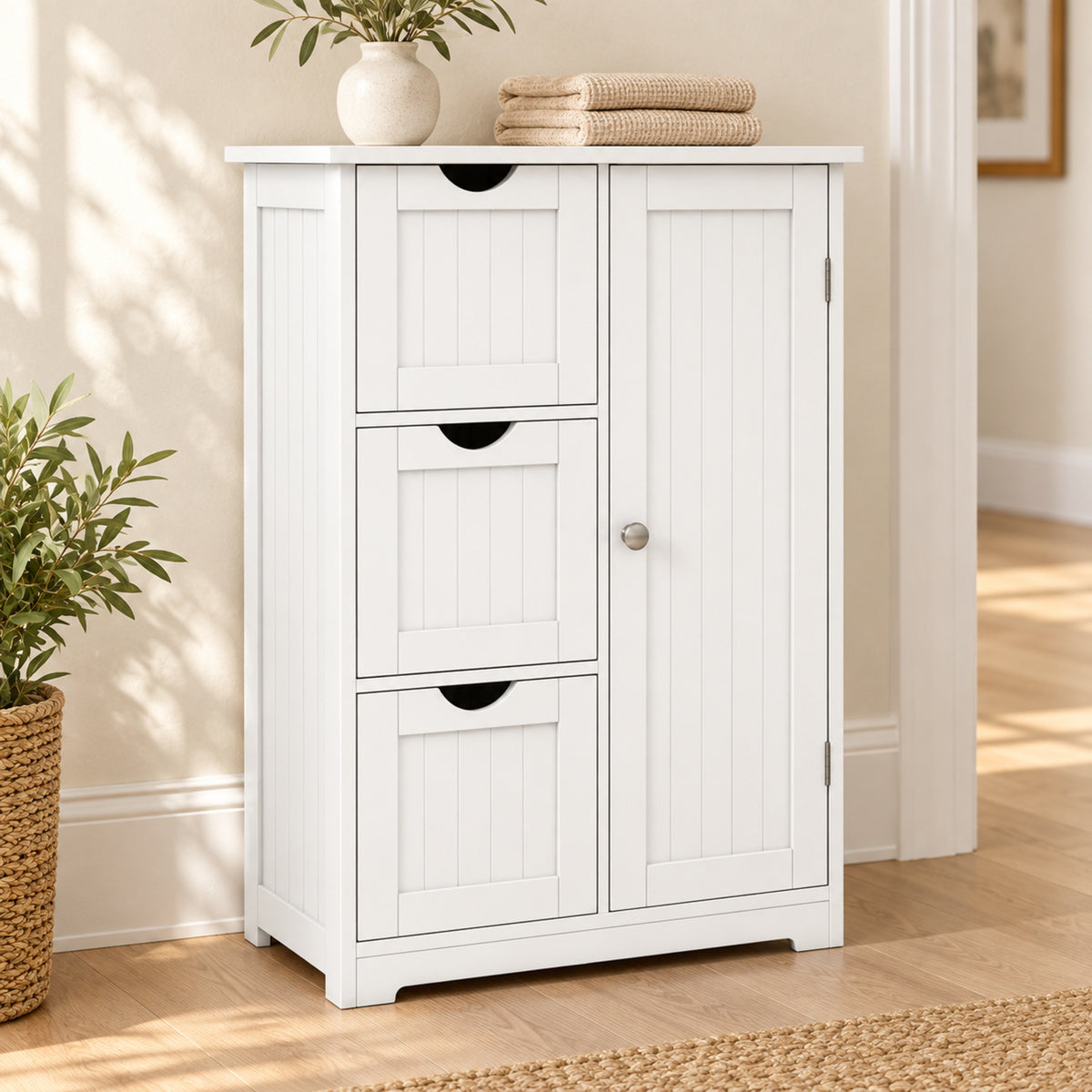 24-Inch Storage Cabinet with 3 Drawers and Cupboard, White