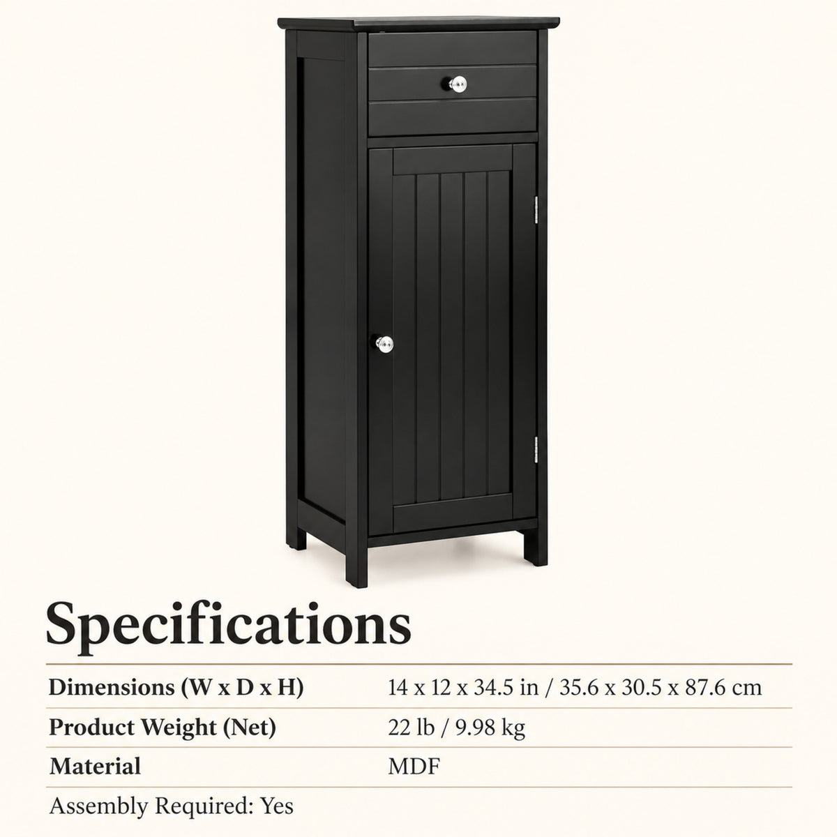 14-Inch Slim Storage Cabinet with Drawer and Door, Black