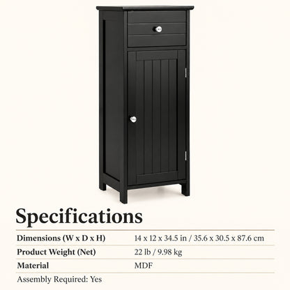 14-Inch Slim Storage Cabinet with Drawer and Door, Black