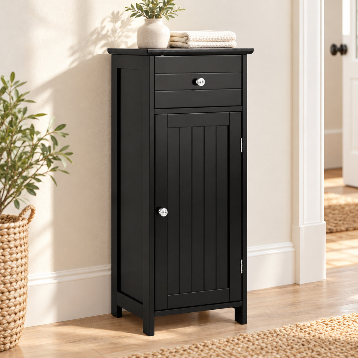 14-Inch Slim Storage Cabinet with Drawer and Door, Black