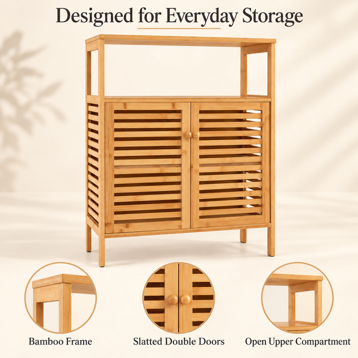 25-Inch Bamboo Storage Cabinet with Slatted Doors, Natural