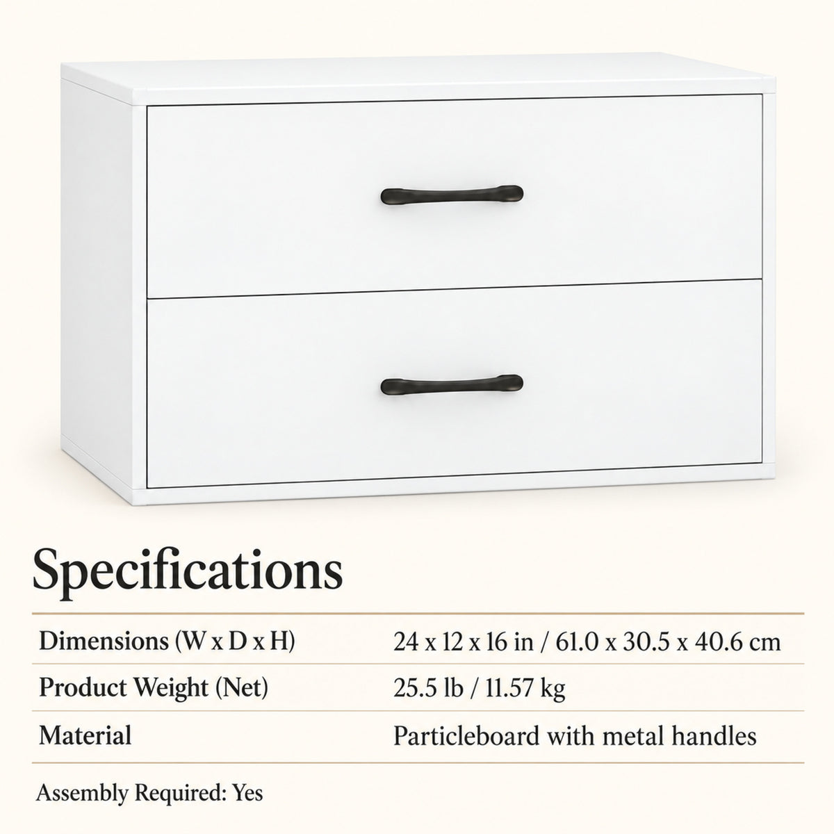 24-Inch Low Storage Cabinet with 2 Drawers, White