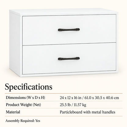 24-Inch Low Storage Cabinet with 2 Drawers, White